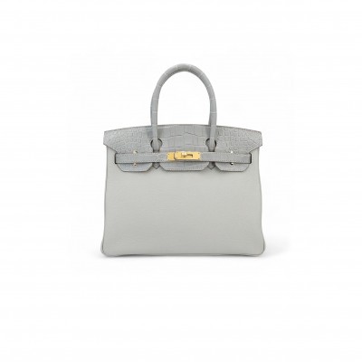HERMÈS MASTER BIRKIN 25 CROCODILE AND TOGO LEATHER PEARL GREY GOLD BUCKLE H076216CK15 (25*20*13cm)